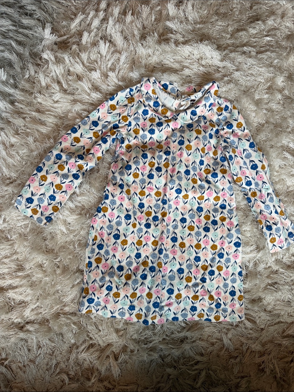 Floral Long-Sleeve Shift Dress in White with Pink, Blue, and Mustard Flowers